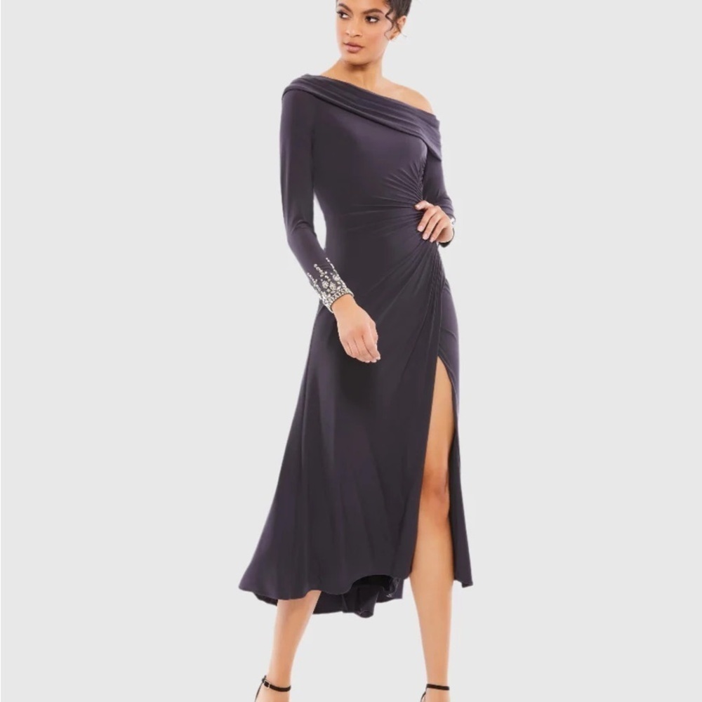 Mac Duggal 26485 Nwt Foldover Long Sleeve Jeweled Midi Dress